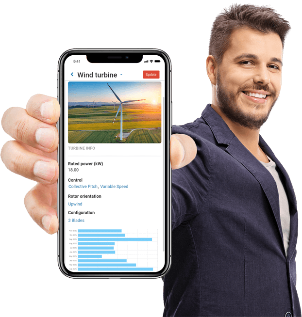 Man with wind turbine on a phone